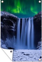 Tuinposter - Tuindoek - Tuinposters buiten - Noorderlicht - Waterval - Sneeuw - IJsland - 80x120 cm - Tuin