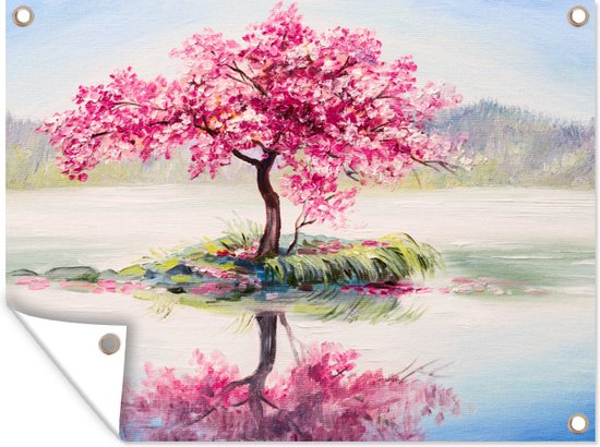 Peinture d'affiche de jardin - Fleur - Arbre en fleurs - Water - Peinture à l'huile - 130x90 cm - Décoration murale extérieure - Affiche de jardin - Toile de jardin - Affiche de clôture - Peinture de jardin