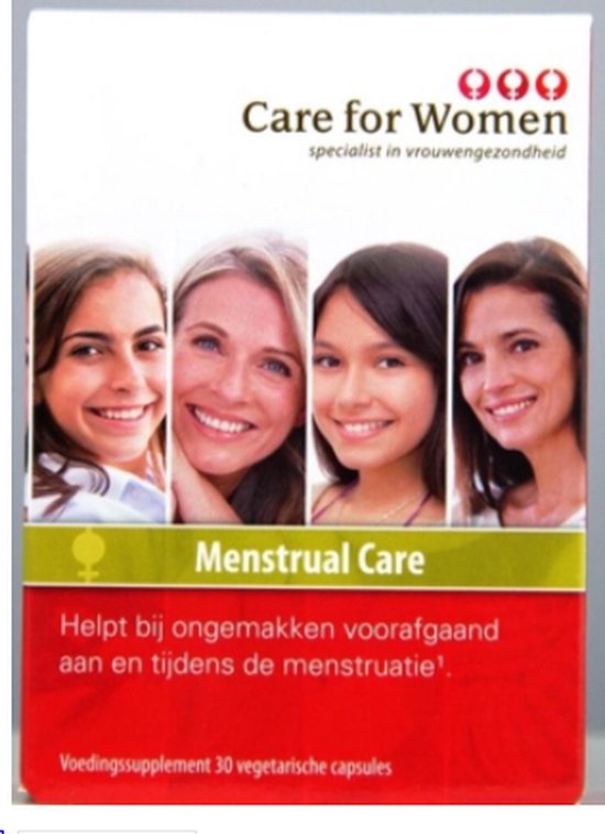 Doos met vier lachende vrouwen. Care for Women Menstrual Care: voedingssupplement 30 vegetarische capsules.