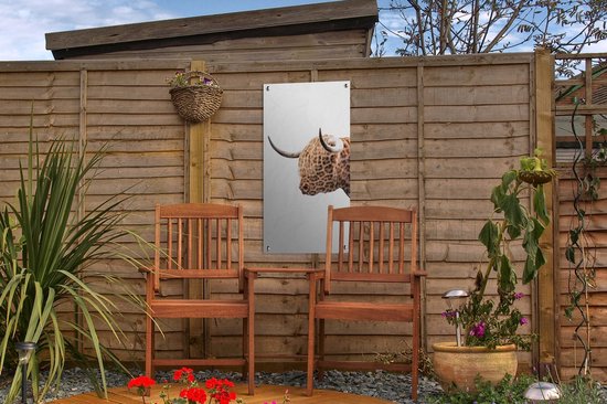 Tuinposter 30x60 cm - Tuindecoratie Schotse hooglander - Panter - Wit - Poster voor in de tuin - Buiten decoratie - Schutting tuinschilderij - Tuindoek muurdecoratie - Wanddecoratie balkondoek