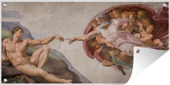 Tuinposter De schepping van Adam - Schilderij van Michelangelo - 60x30 cm - Tuindoek - Buitenposter