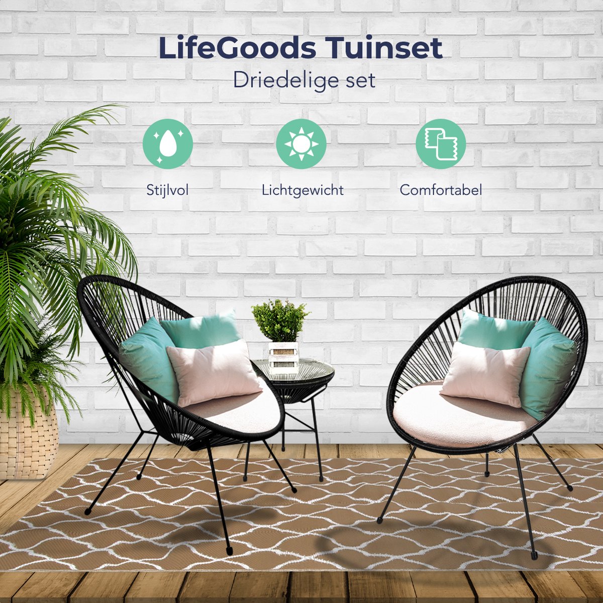 SVITA Bistroset 3-delig – Ronde Tafel + 2 Stoelen – Inklapbaar – Taupe – Metaal – Voor Balkon, Terras, Camping – Vloerbeschermende Noppen