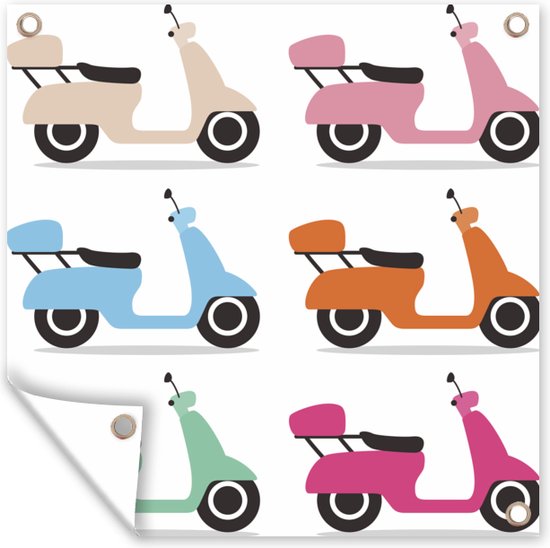 Tuin poster Illustraties van scooters in verschillende kleuren - 200x200 cm - Tuindoek - Buitenposter