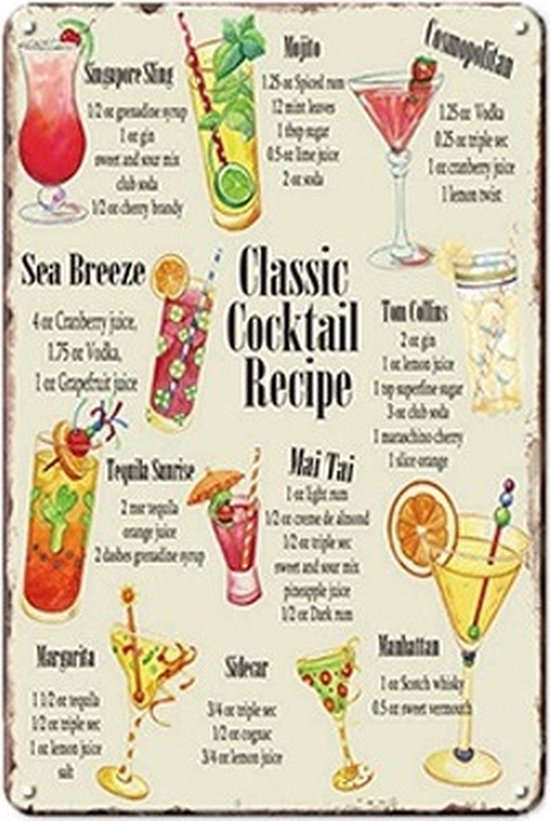 Tableau noir avec recettes de cocktails Classic - Mojito, Cosmopolitan, Margarita, Sidecar, Manhattan, Tom Collins, Sea Breeze