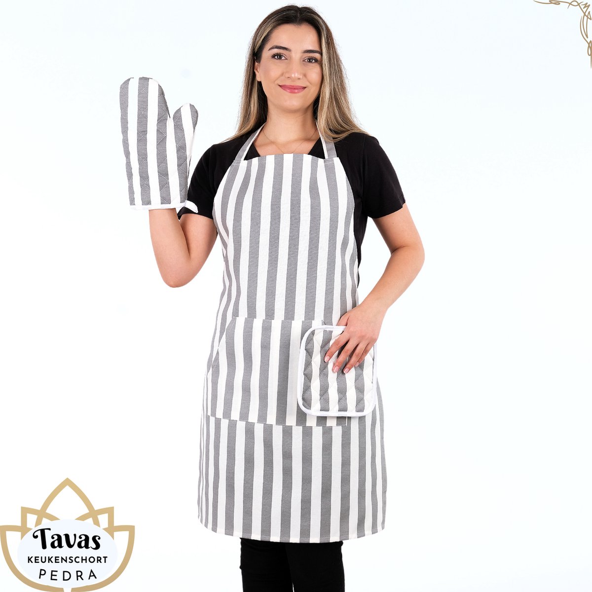 Pedra Keukenschort Set Ovenwant met Pannenlap 60x80 cm Grijze lijnen Kookschort met zakken Horeca kleding bedieningsschort dames Restaurant Schort voor vrouwen