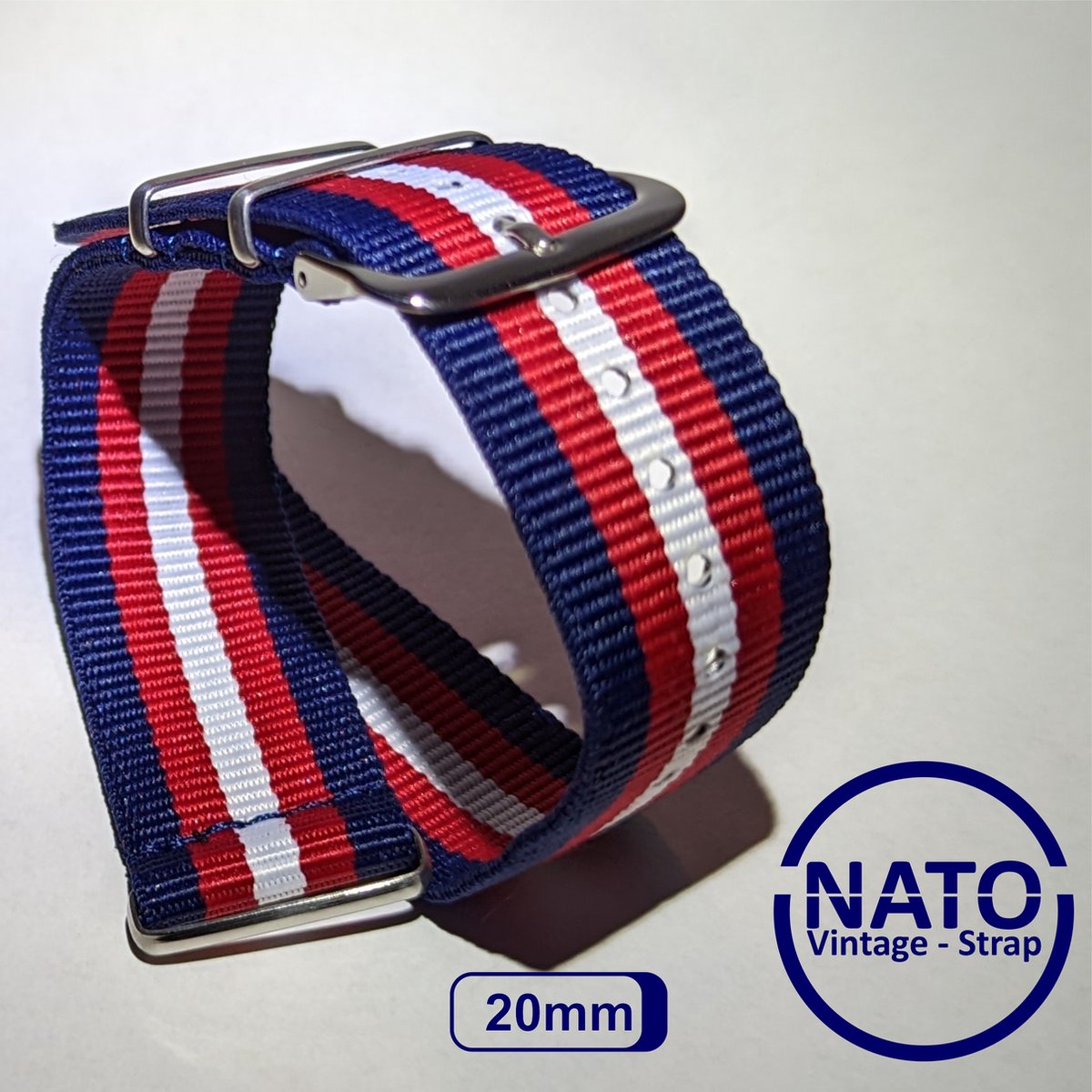 20mm Premium Nato Strap Rood Blauw Wit - Vintage James Bond - Nato Strap collectie - Mannen - Vrouwen - Horlogeband - 20 mm bandbreedte voor oa. Seiko Rolex Omega Casio en Citizen