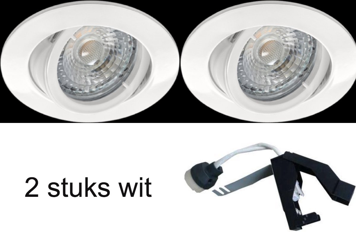 Witte inbouwspot Verstelbaar 30º – Dimbare ledlamp GU10 LED 2700K – 4W / 345 Lumen – Hoogwaardig Aluminium – Direct Aansluitbaar – Set van 2 stuks.