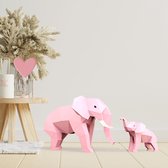Kit Papercraft 3D Eléphants Roses Maman & Bébé - Kit complet de bricolage avec tapis de découpe, règle, plioir en os, couteau - 40 et 26 cm