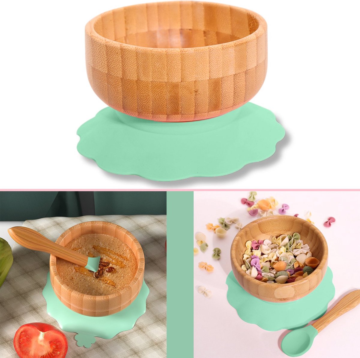 Goedkoopste Intirilife Baby Bamboe Komenset Bamboe Kom met Zuignap en Lepel in Groen - Voor het eten en voeden van baby's en peuters
