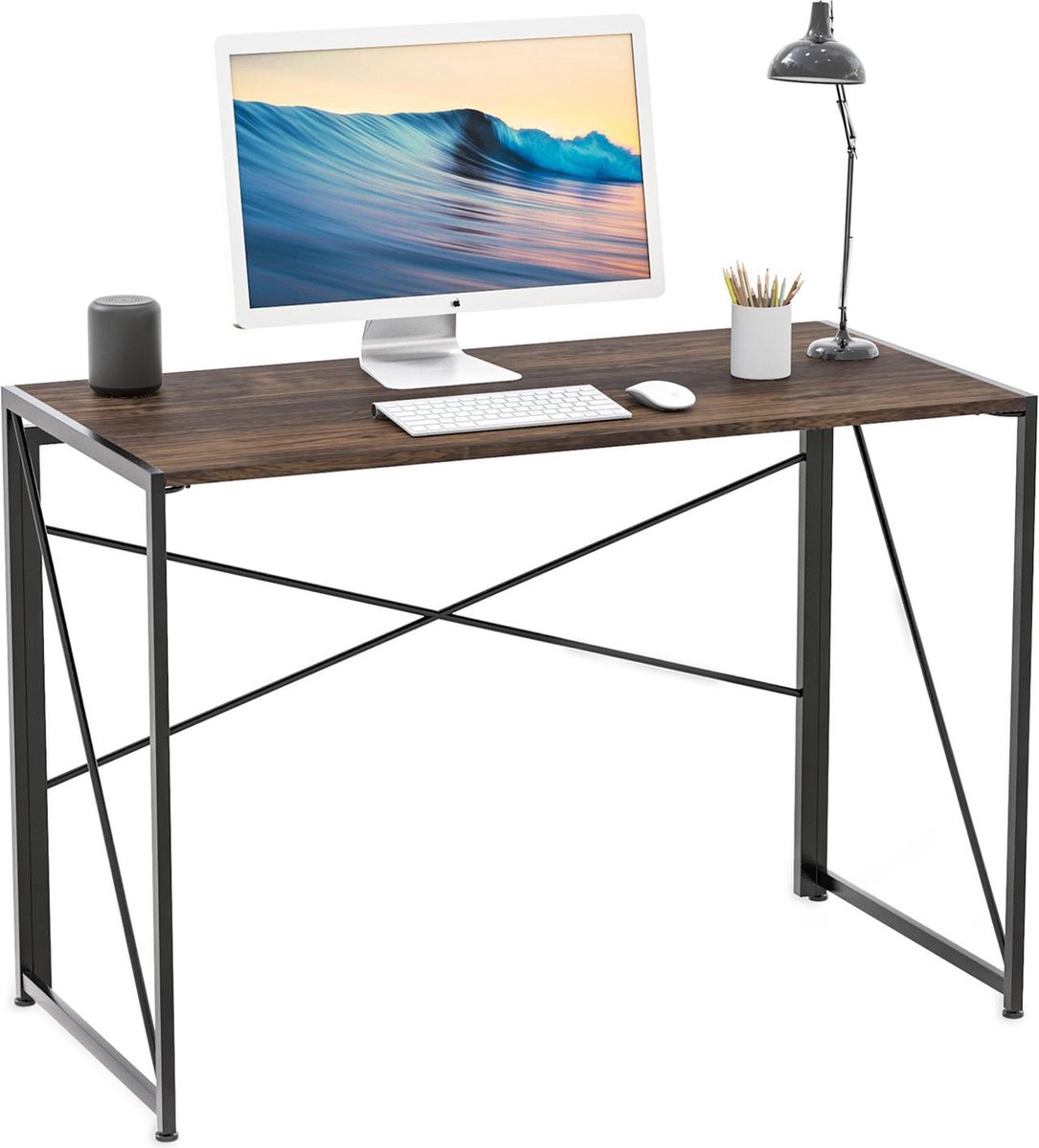 Intirilife rustieke opvouwbare tafel in zwartbruin voor werken, lezen en opbergen - computerbureau werktafel