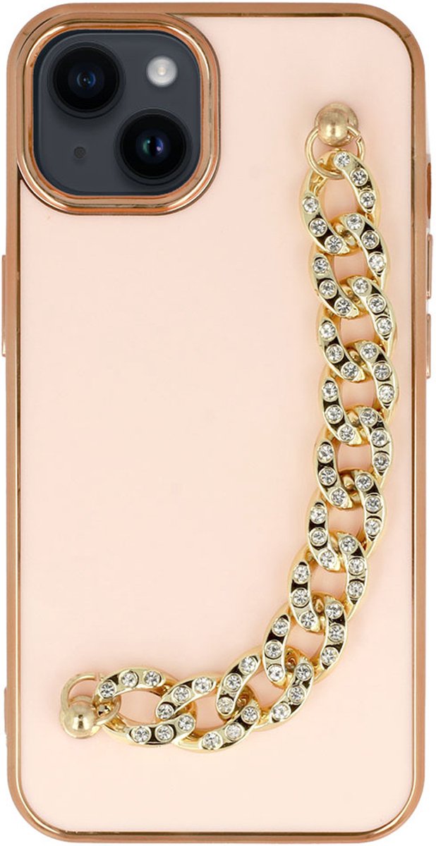 Multimedia & Accessoires Trendy Design Fashion Shiny Chain Diamond TPU Case Back Cover Hoesje geschikt voor Apple iPhone 14 - Telefoonhoesje met Bescherming - Beschermhoes - Backcover Hoesje - Bling Bling Design - Fashion – Roze - Goud