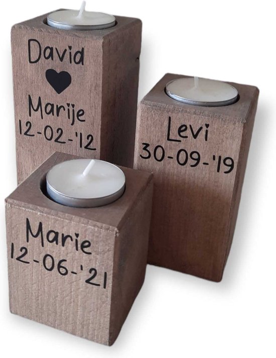 Waxinelichtje houder set van 3 kaarsen hout met eigen tekst of naam Bruiloft - Oma - Verjaardag - Geschenk - Cadeau