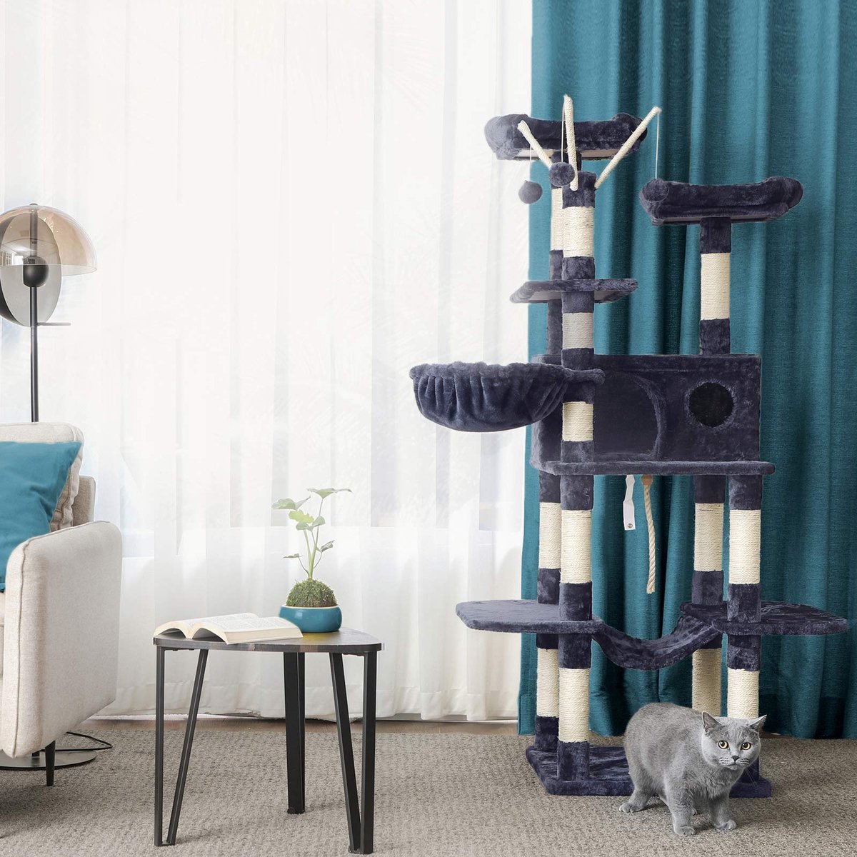 krabpaal - XXL krabpaal - Kattenslaapplek - Met 2 platformen - Hangmat - Grot - 164 cm - Rookgrijs