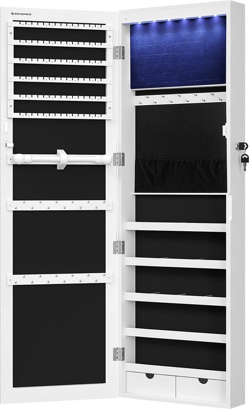 Hangende Sieradenkast met LED-verlichting - Sieradenrek - Deurmontage - in Hoogte Verstelbaar - Afsluitbaar - Wit