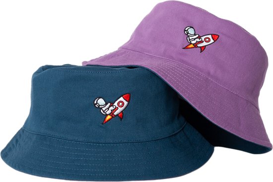 Reversible bucket hat - mybuckethat - astronaut - paars/blauw - vissershoedje - katoen - geborduurd