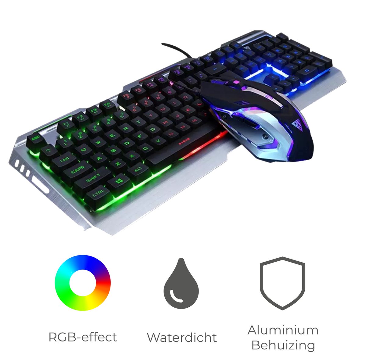 Toetsenbord en Muis - Keyboard en Muis - Gaming Set - Voor Gamen en Normaal Gebruik - RGB Led Backlight - Aluminium - Zilver / Rainbow