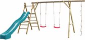 Balançoire double en bois avec toboggan 300cm turquoise et corde d'escalade Noortje – 450x360x230cm - SwingKing