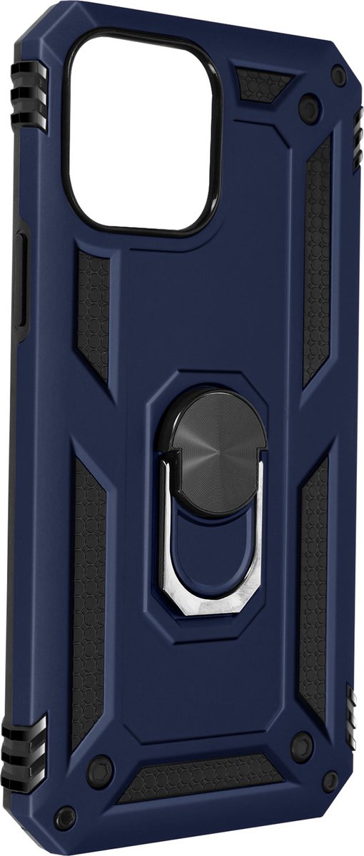Avizar Hoesje Geschikt voor iPhone 13 Pro Max Schokbestendig met Ringhouder, Blauw