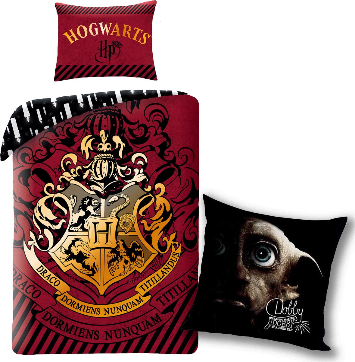 Dekbedovertrek Harry Potter- rood- 1 persoons- 140x200- Logo Zweinstein- Katoen- incl. Harry Potter Dobby - Sierkussen 40 x 40 cm inclusief vulling