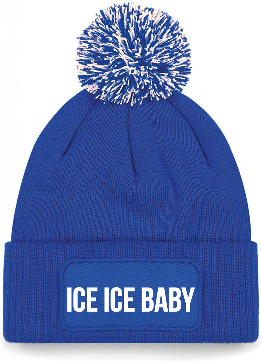 Bellatio Decorations Ice ice baby muts met pompon - unisex - one size - blauw - wintermuts