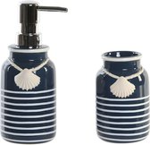 Items badkamer accessoires set drinkbeker/zeeppompje - blauw/wit