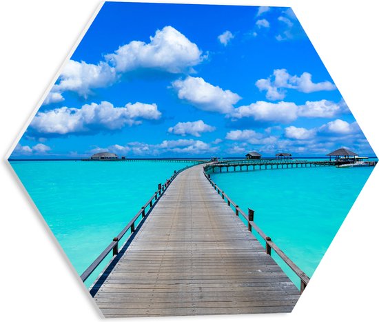 PVC Schuimplaat Hexagon - Tropisch Resort met Steigers over Helder Blauwe Oceaan - 40x34.8 cm Foto op Hexagon (Met Ophangsysteem)
