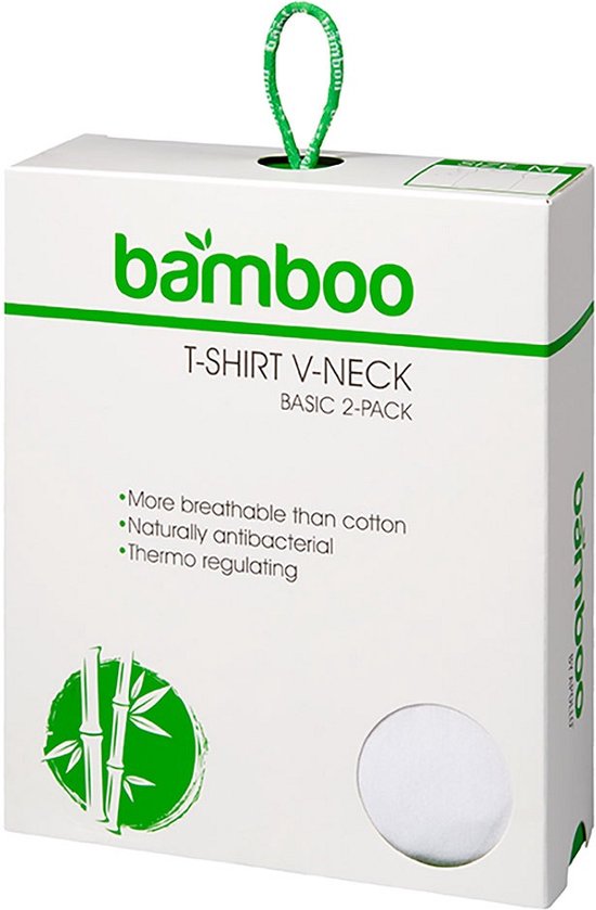Verpakking voor bamboe T-shirts met V-hals, 'BASIC 2-PACK'.