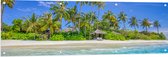Tuinposter – Hutjes op het Strand met Palmbomen bij Mooie Zee - 150x50 cm Foto op Tuinposter (wanddecoratie voor buiten en binnen)