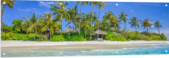 Tuinposter – Hutjes op het Strand met Palmbomen bij Mooie Zee - 150x50 cm Foto op Tuinposter (wanddecoratie voor buiten en binnen)