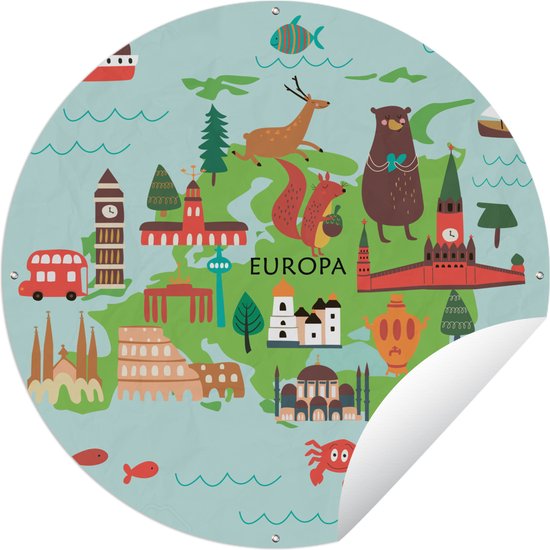 Tuincirkel Wereldkaart Kinderen - Groen - Europa - 60x60 cm - Ronde Tuinposter - Buiten