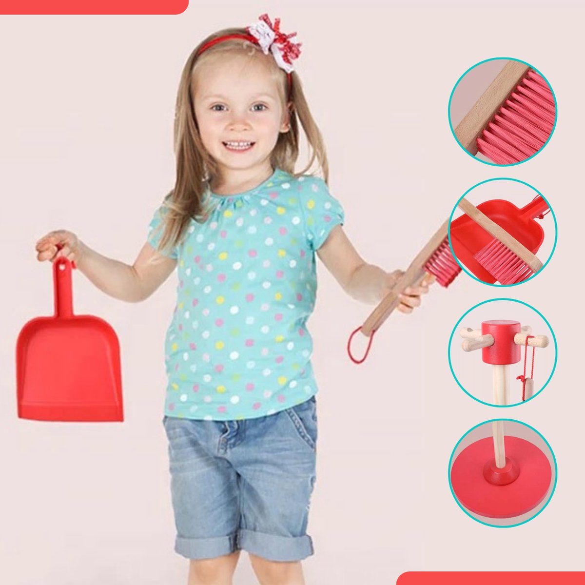Buxibo Kinder Schoonmaak Set - Houten Huishoudelijke Gereedschap - Mini Bezem, Stoffer, Mop - Montessori Speelgoed - Multicolor — afbeelding 2