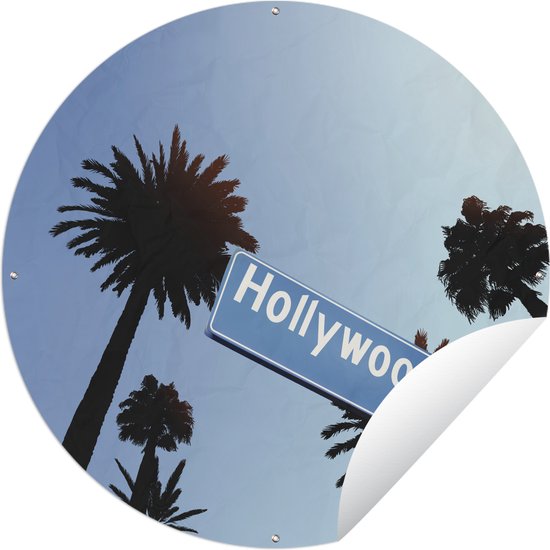 Tuincirkel Een illustratie van een blauw straatnaambord in Hollywood - 60x60 cm - Ronde Tuinposter - Buiten