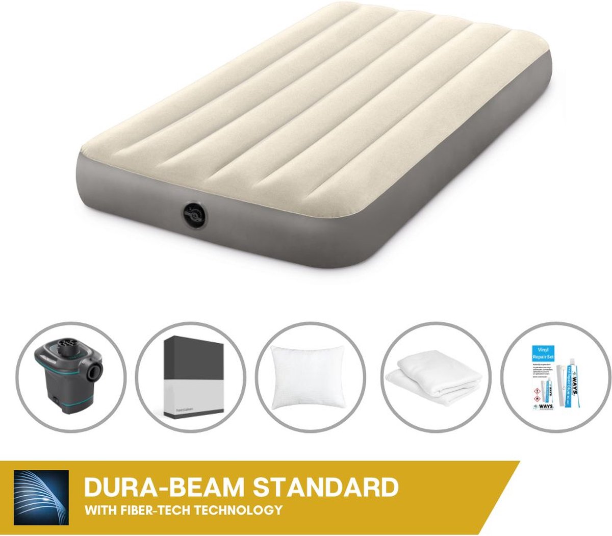 Intex Luchtbedset Intex Luchtbed - 1-Persoons - 99 x 191 x 25 cm - Beige + Intex Elektrische Pomp - 650 Liter/min + Hoeslaken Zwart + Kussen + Molton 2 in 1 Kussenslopen + Reparatieset