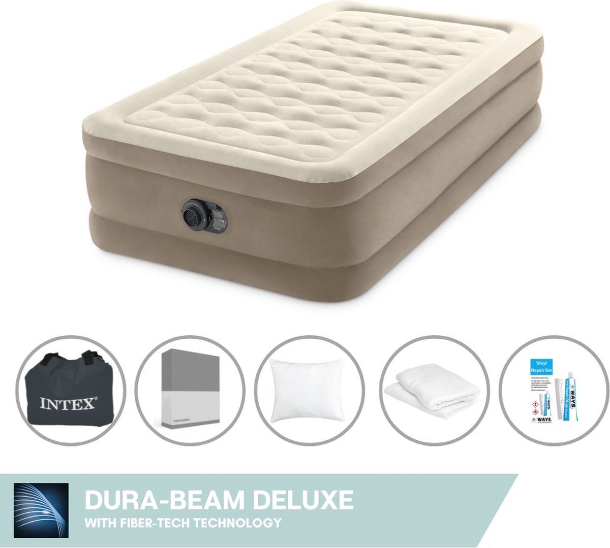 Intex Luchtbedset - 1-Persoons - 99 x 191 x 46 cm - Beige - Met Ingebouwde pomp + Hoeslaken Antraciet + Kussen + Molton 2 in 1 Kussenslopen + Reparatieset