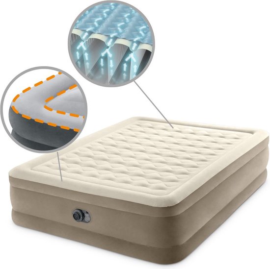 Matelas pneumatique Intex détaillé mettant l'accent sur le flux d'air et la construction.