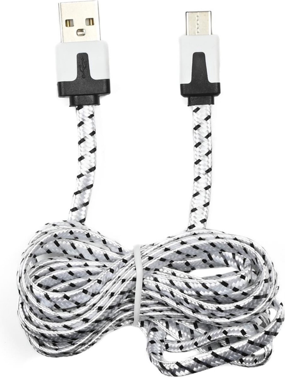 Benson USB naar Type C kabel - Nylon - 2 meter - Wit/Zwart - 2.1A