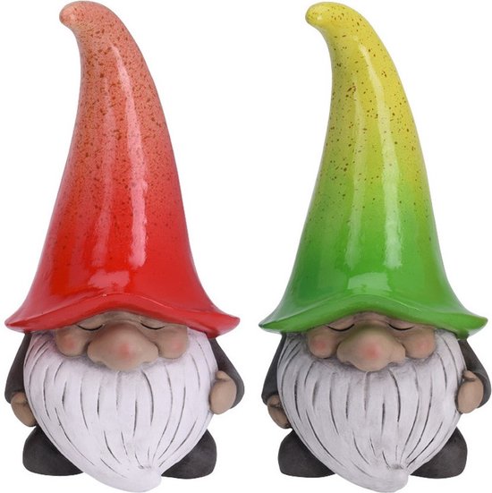 Tuinkabouters - 2x - polystone - 23 cm - gnooms met groene en rode muts - Tuinbeelden - Tuindecoratie kabouters