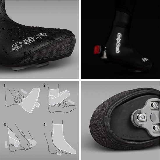 Collage van GripGrab overschoenen: detail met sneeuwvlokjes, schoen met reflecterende achterlichten, montageinstructies en cleat