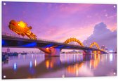 Tuinposter – Paarse Lucht boven Verlichte Dragon brug in Da Nang, Vietnam - 120x80 cm Foto op Tuinposter (wanddecoratie voor buiten en binnen)