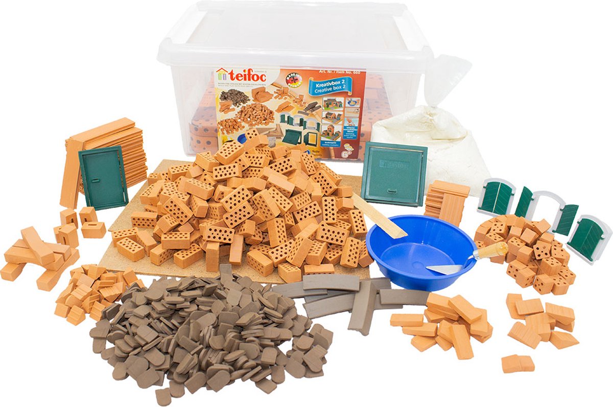 Teifoc® Bouwdoos – Creatieve Box XXL – 850 onderdelen – Echte mini Bakstenen met Cement, Kom en Troffel – Bouwpakket voor kinderen vanaf 6 jaar