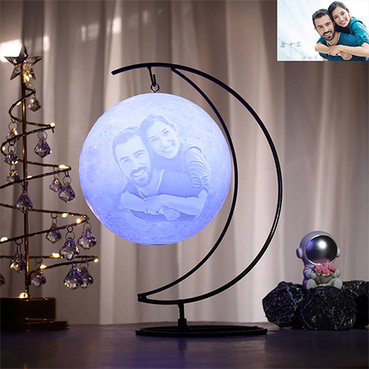 Lampe Lune 3D Photo Personnalisée avec Support Suspendu - 15cm - 3 couleurs  avec