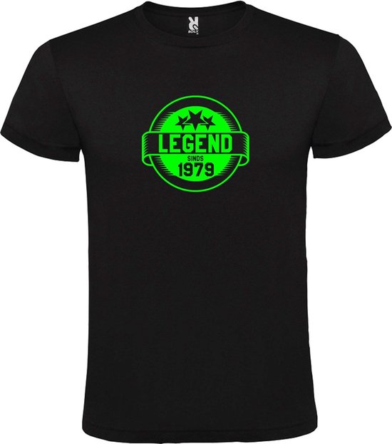 Zwart T-Shirt met “Legend sinds 1979 “ Afbeelding Neon Groen Size XXL
