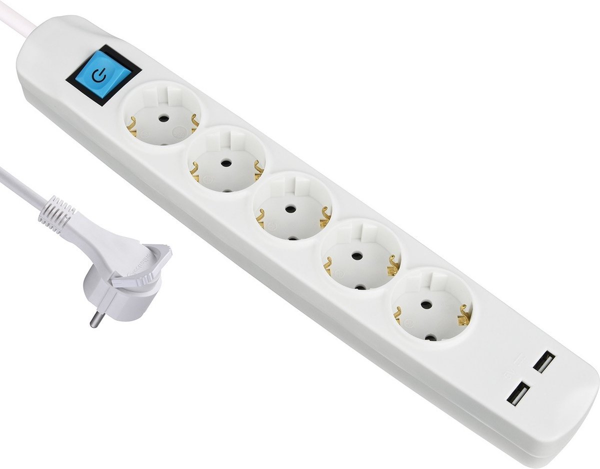 MaxTrack stekkerdoos met 5 contacten en 2x USB / wit - 1,5 meter