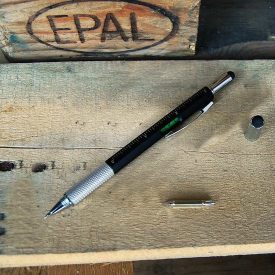 MikaMax 6 in 1 Multitool Pen - Handy Pen - Toolpen - Liniaal - Waterpas - Kruiskop en Plattekop Schroevendraaier - Zwart