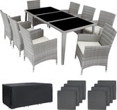 tectake® - aluminium wicker tuinmeubelset 8 stoelen met tafel met glazen blad, inclusief 2 hoezensets en beschermhoes, weerbestendig balkonmeubilair - grijs - poly-rattan