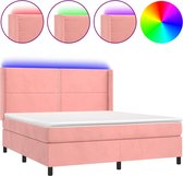 vidaXL - Boxspring - met - matras - en - LED - fluweel - roze - 160x200 - cm