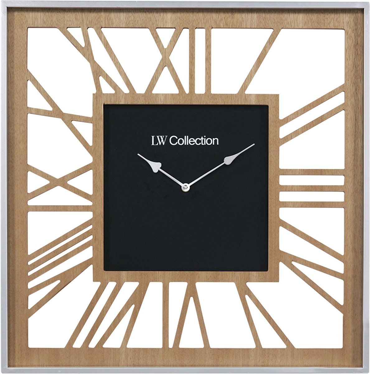 LW Collection Houten wandklok 60cm - Grote vierkante moderne houten muurklok romeinse cijfers - Houten klok stil uurwerk - Wandklok hout