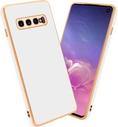 Cadorabo Hoesje geschikt voor Samsung Galaxy S10 PLUS in Glossy Wit - Goud - Beschermhoes Case Cover van flexibel TPU-silicone en met camerabescherming
