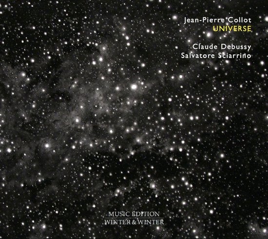 CD-hoes Universe met een gedetailleerde sterrenhemel en de namen Jean-Pierre Collot, Debussy en Sciarrino.