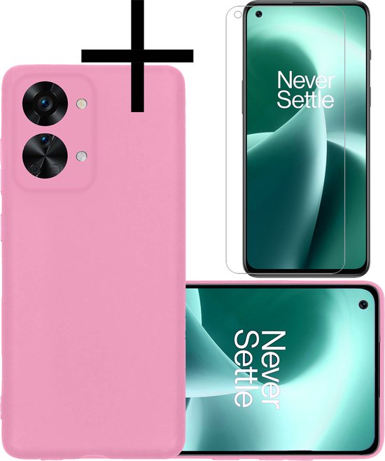 Hoes Geschikt voor OnePlus Nord 2T Hoesje Cover Siliconen Back Case Hoes Met Screenprotector - Lichtroze